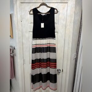 Calvin Klein Black Tank Maxi Dress with Red, Cream & Gray Striped Skirt